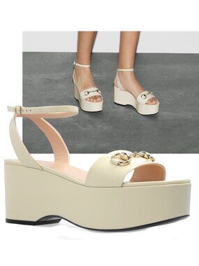 GUCCI SHOES LADY IVORY LEATHER PLATFORM HORSEBIT SANDALS sz 39 9 US